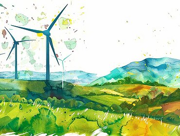 Ein Aquarellgemälde einer Landschaft mit Windkraftanlagen, das saubere Energie, ökologische Nachhaltigkeit, erneuerbare Ressourcen, technologischen Fortschritt und eine nachhaltige Zukunft symbolisiert.