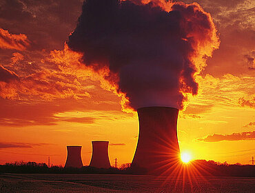 Kernkraftwerk bei Sonnenuntergang