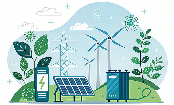 Nachhaltige Energielandschaft – eine Vektorillustration, die erneuerbare Ressourcen und grüne Technologie für eine sauberere Zukunft zeigt, einschließlich Solarmodulen, Windturbinen und Energiespeicherlösungen.