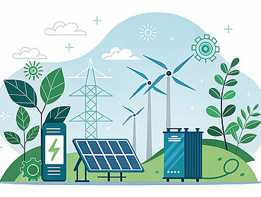 Nachhaltige Energielandschaft – eine Vektorillustration, die erneuerbare Ressourcen und grüne Technologie für eine sauberere Zukunft zeigt, einschließlich Solarmodulen, Windturbinen und Energiespeicherlösungen.