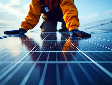 Ein Techniker, der ein Solarpanel berührt. Erneuerbare Energien