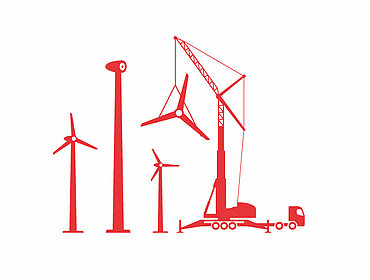 Ein Windrad wird von einem Kran zusammengebaut