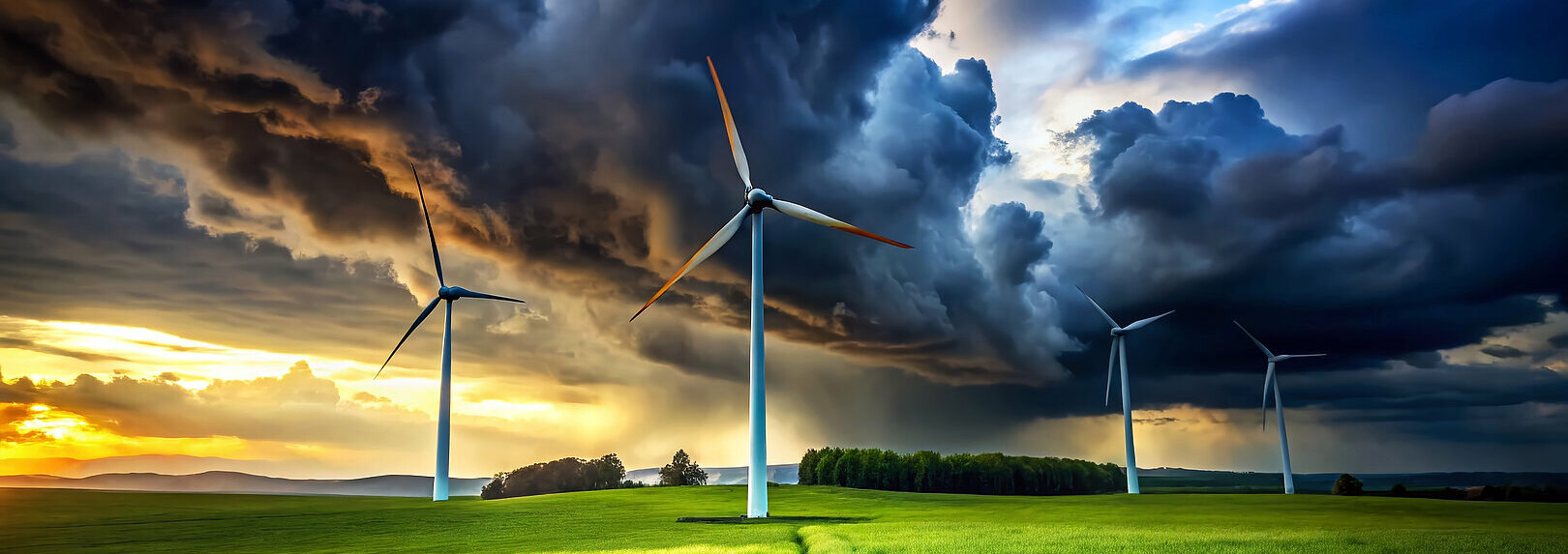 Silhouette von Windturbinen auf einer Wiese vor einem Gewitterhimmel – Windpark für erneuerbare Energien. Silhouette von Windturbinen auf einer Wiese vor einem Gewitterhimmel – Windpark für erneuerbare Energien.