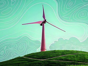 Minimalistische künstlerische Illustration einer Windturbine auf einem grünen Hügel