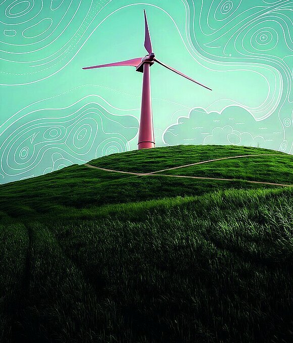 Minimalistische künstlerische Illustration einer Windturbine auf einem grünen Hügel
