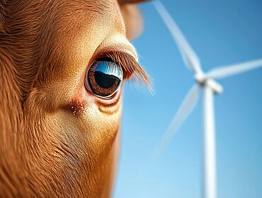 Auge einer Kuh, das eine Windmühle vor einem klaren blauen Himmel spiegelt