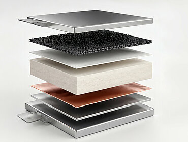 Layers and Anode 3D-Explosionsdarstellung der Schichten und der Anode einer Feststoffbatteriezelle