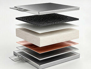 Layers and Anode 3D-Explosionsdarstellung der Schichten und der Anode einer Feststoffbatteriezelle