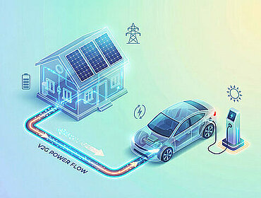 Transparentes Smart Home, verbunden mit einem Elektrofahrzeug, in einem Diagramm zum Vehicle-to-Grid-Energieaustausch.