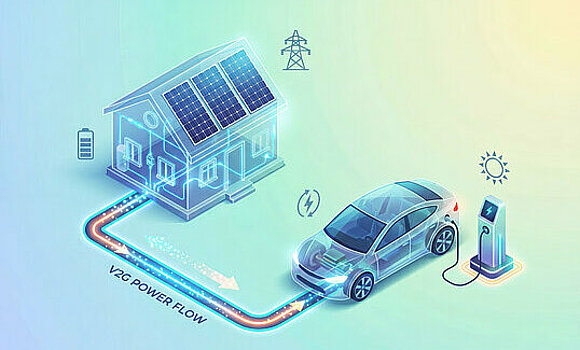 Transparentes Smart Home, verbunden mit einem Elektrofahrzeug, in einem Diagramm zum Vehicle-to-Grid-Energieaustausch.