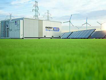 Konzept für alternative Energie mit 3D-Rendering einer Gruppe von Energiespeichersystemen bzw. Batteriecontainer-Einheiten mit verschiedenen Energiequellen.