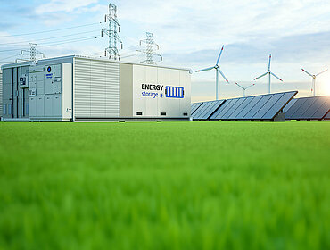 Konzept für alternative Energie mit 3D-Rendering einer Gruppe von Energiespeichersystemen bzw. Batteriecontainer-Einheiten mit verschiedenen Energiequellen.