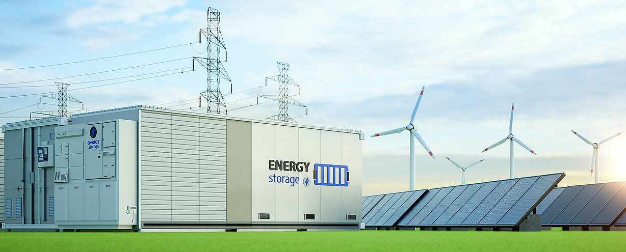Konzept für alternative Energie mit 3D-Rendering einer Gruppe von Energiespeichersystemen bzw. Batteriecontainer-Einheiten mit verschiedenen Energiequellen. Konzept für alternative Energie mit 3D-Rendering einer Gruppe von Energiespeichersystemen bzw. Batteriecontainer-Einheiten mit verschiedenen Energiequellen.