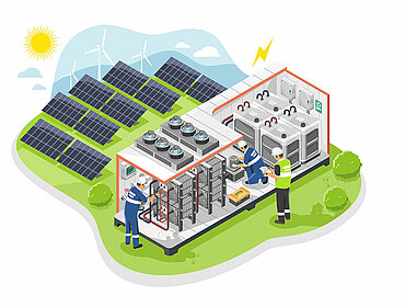 Installation eines Vanadium-Redox-Flow-Batteriespeichers durch ein Ingenieurteam – isometrische Darstellung einer Containerstation zur Speicherung umweltfreundlicher, grüner Energie aus Solarzellen und Windturbinen, einfache Konzeptillustration