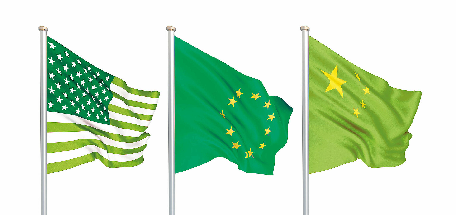 Drei grüne Flaggen: USA, EU und China