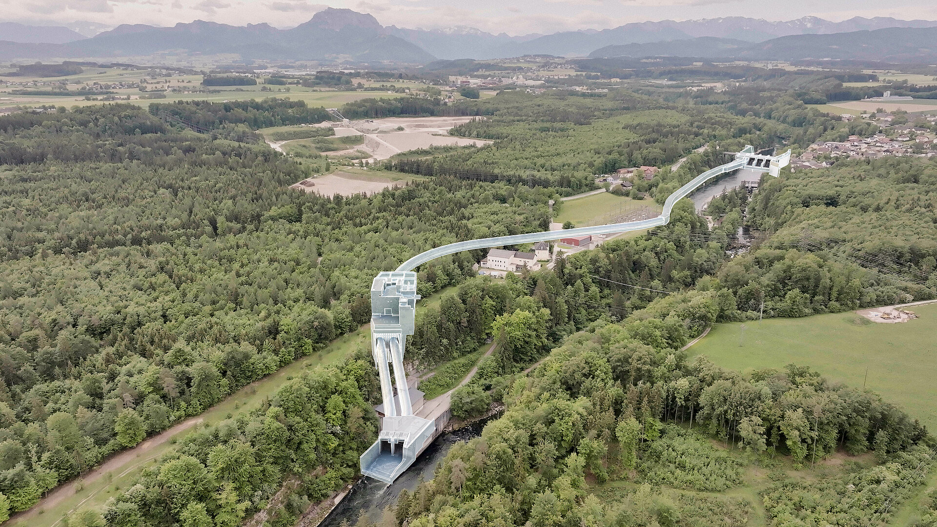 Schonender Neubau: Das neue Kraftwerk Traunfall passt sich optimal in das Landschaftsbild ein.